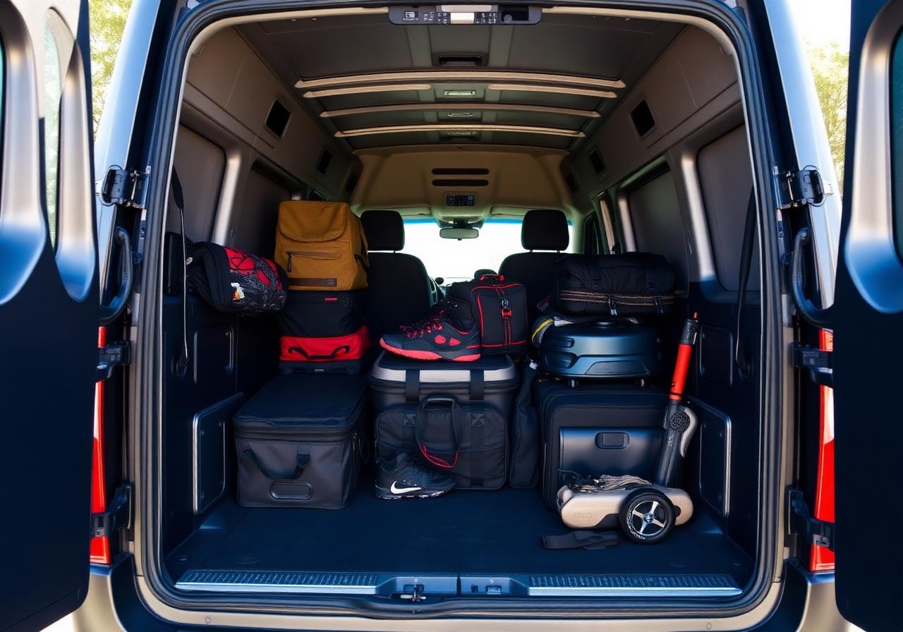 Rear of Sprinter loaded with luggage, coolers and gear