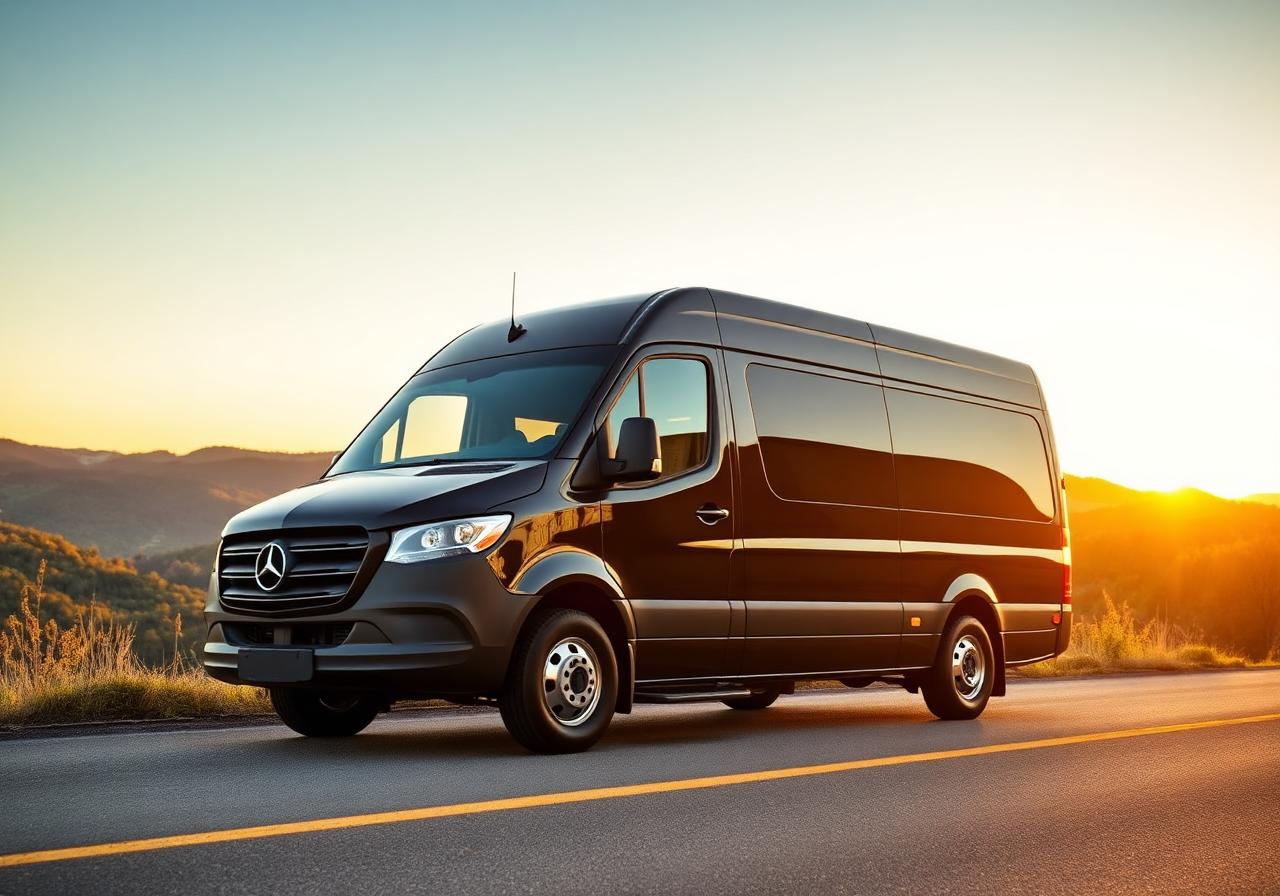 Black Mercedes-Benz Sprinter parked on an Ozark road at sunset